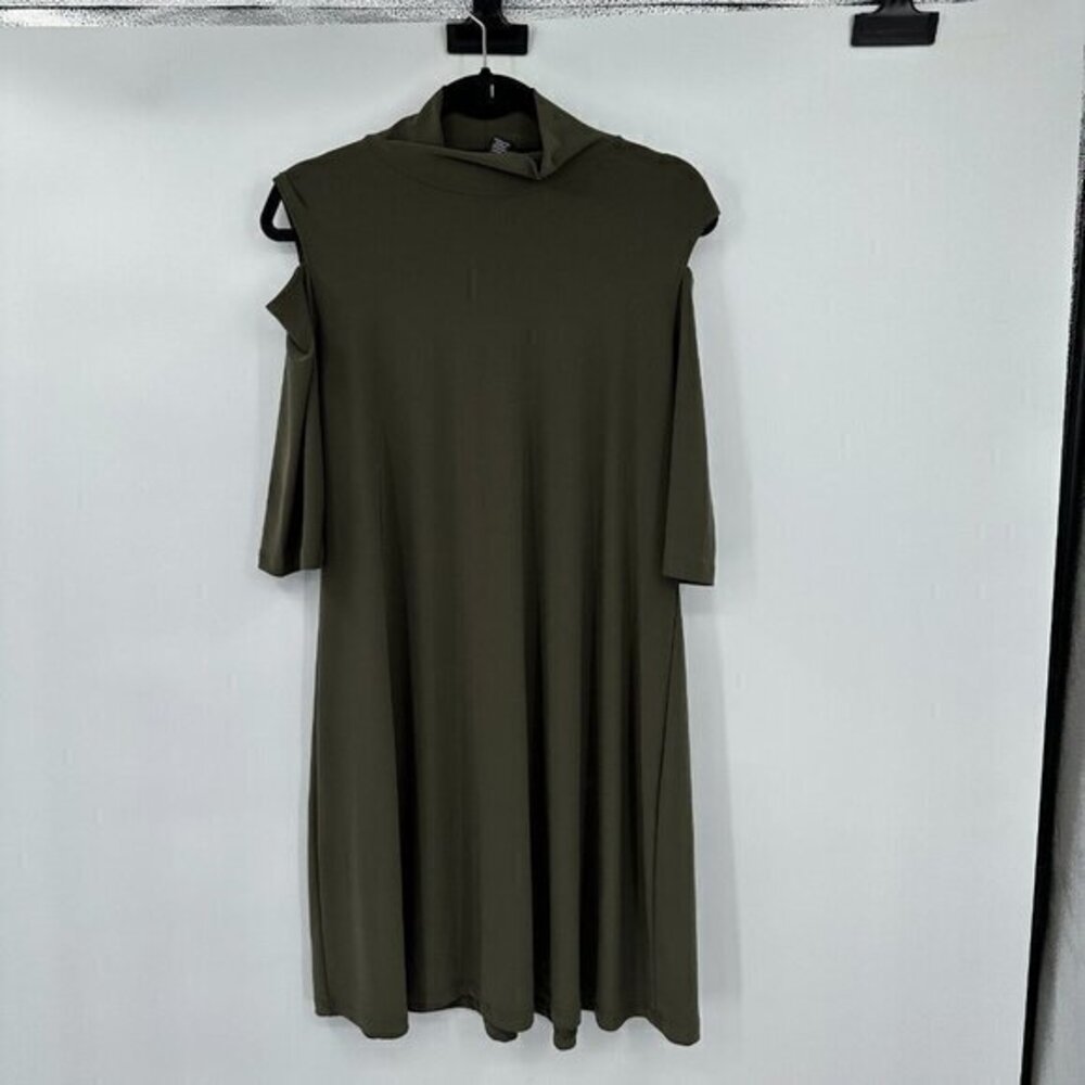 Clara Sun Woo Womens Dress Small Green Cold Shoulder Stretchy Pullover USA Knit